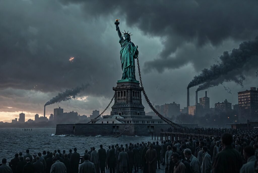 Dystopian illustration of the Statue of Liberty bound by heavy iron chains under a dark stormy sky, with a large solemn crowd standing silently on the New York Harbor docks amid industrial smoke and smokestacks, symbolizing a collectivist inversion of Independence Day.