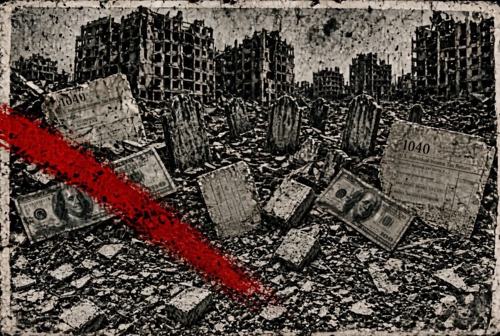 A ruined city street in Gaza at dusk, with collapsed apartment blocks, broken concrete, and empty roads stretching through the dust. No people are shown.