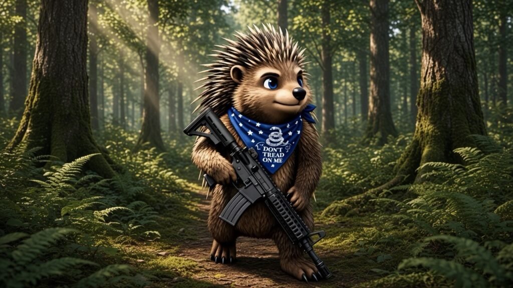 Anthropomorphic brown hedgehog standing on a forest path, holding a black AR-style rifle, wearing a blue bandana printed with “DON’T TREAD ON ME,” a coiled snake, and white stars.