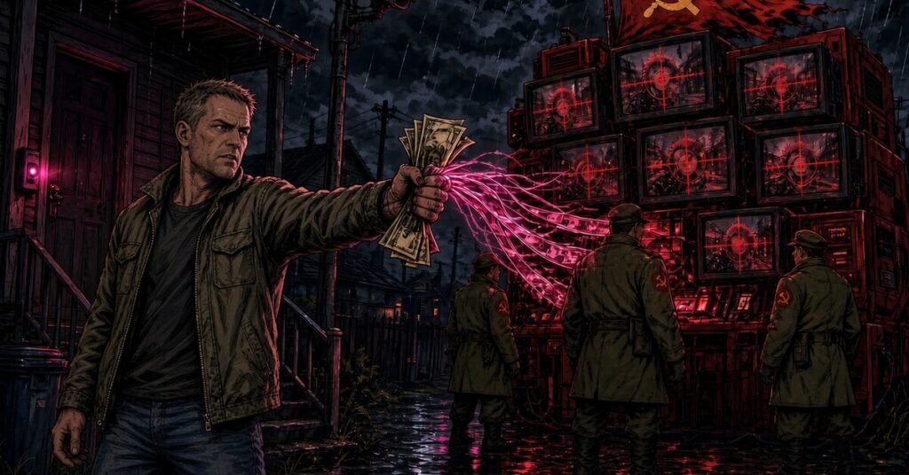 A civilian in a work jacket hands cash that turns into cables feeding a government surveillance rig of monitors, officers, and a street camera, illustrating taxes funding state spying.