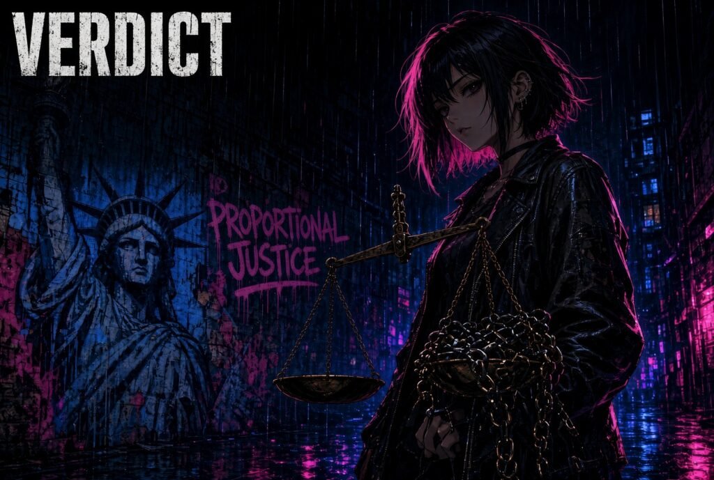 Punk anime illustration of a young woman in a black leather jacket holding an unbalanced scale of justice weighed down with chains, beside a cracked Statue of Liberty mural and magenta graffiti reading Proportional Justice, under the word Verdict.