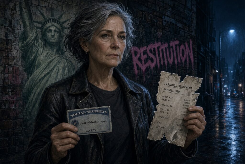 Older woman in a worn leather jacket on a rainy street, holding a Social Security card and a torn payroll earnings statement, in front of a faded Statue of Liberty mural and magenta graffiti reading Restitution.
